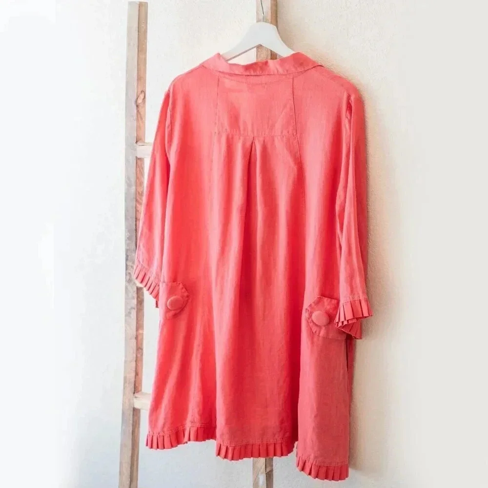 Embellish Coral Linen Blend Shift Dress Medium Pleated Ruffle Hem Collar Pockets - Picture 4 of 10